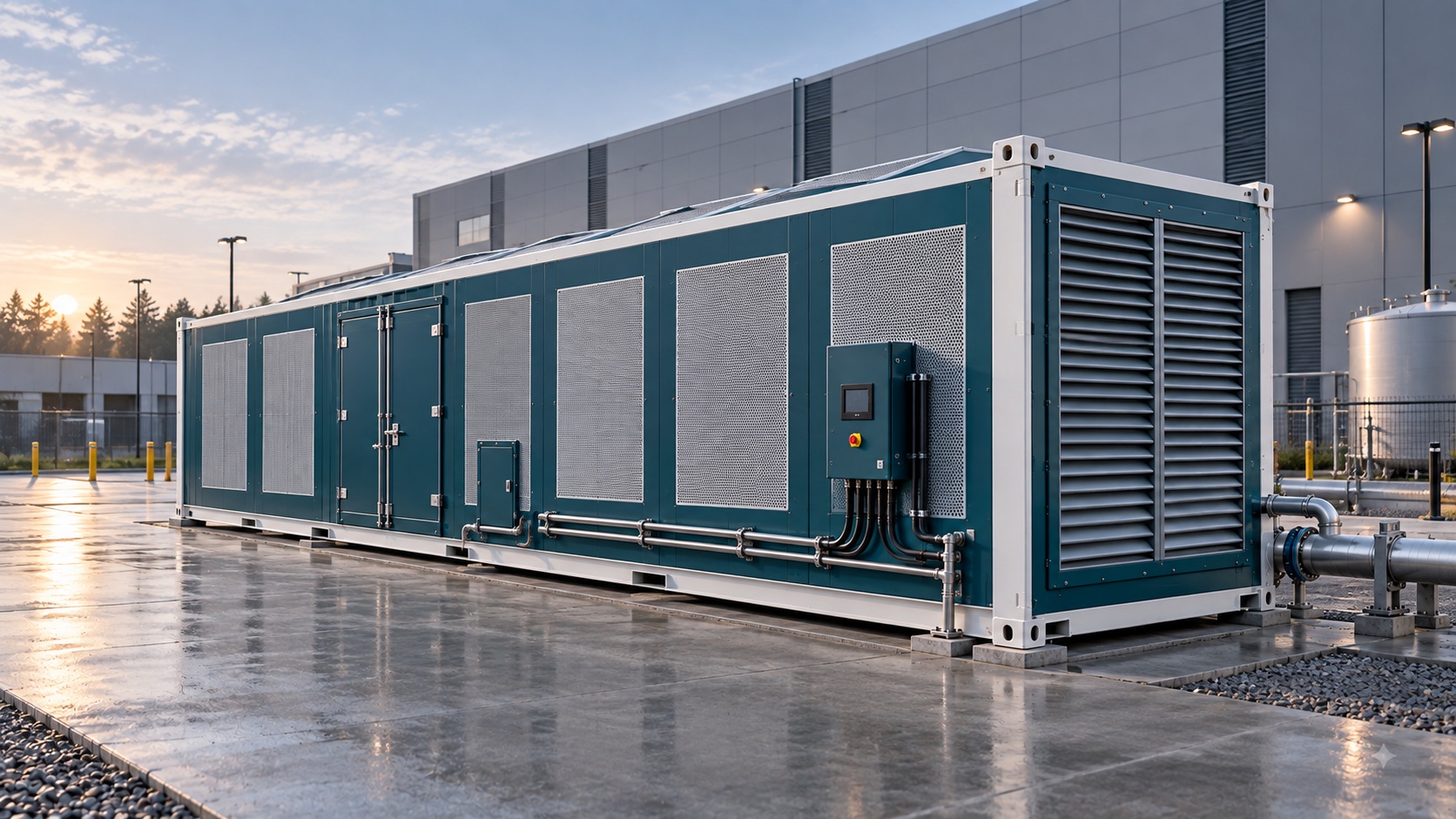 Visualization of a teal Aquaria Hydrogrid atmospheric water production container at a data center