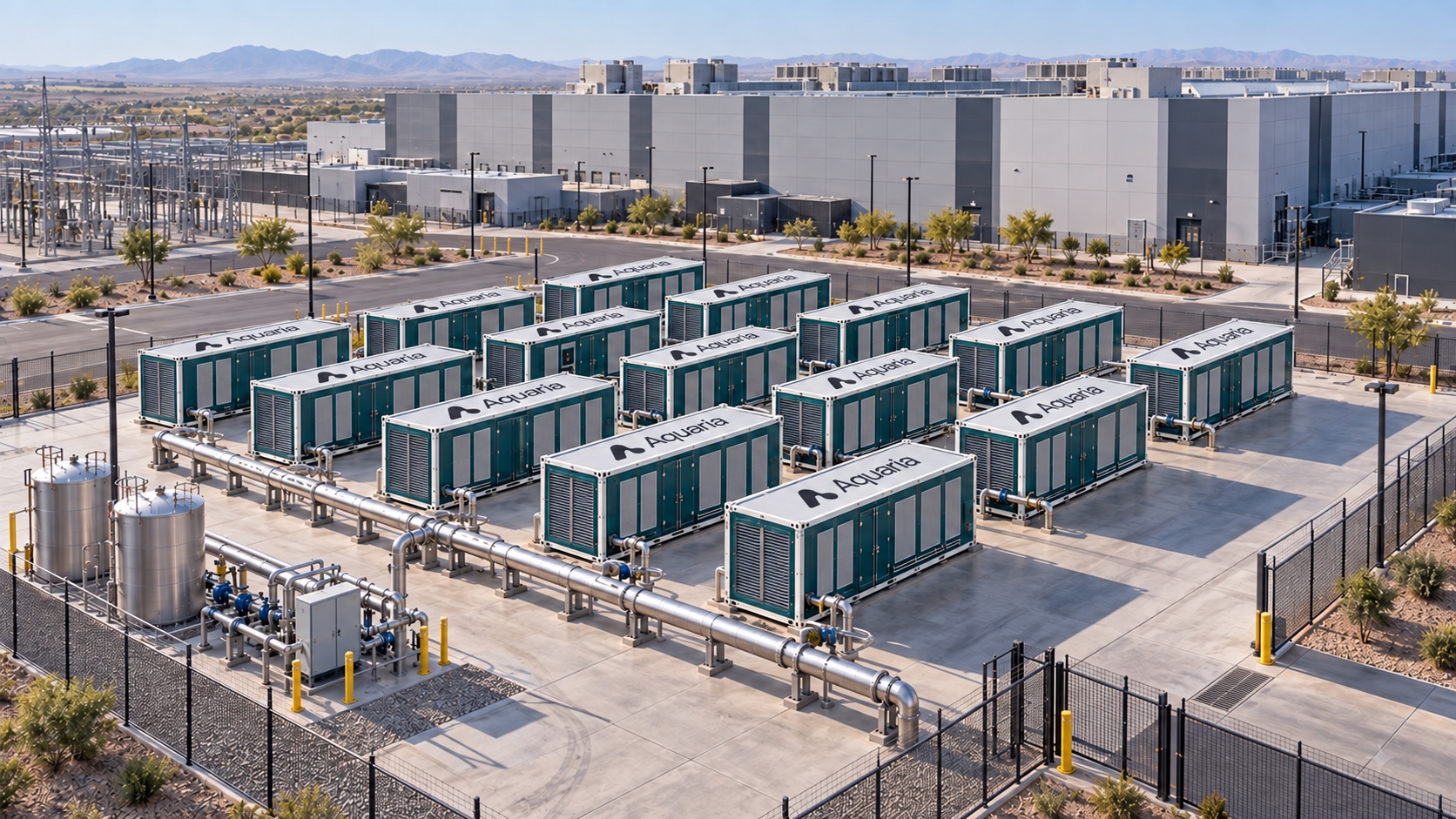 Aquaria Hydrogrid container array connected to campus water infrastructure