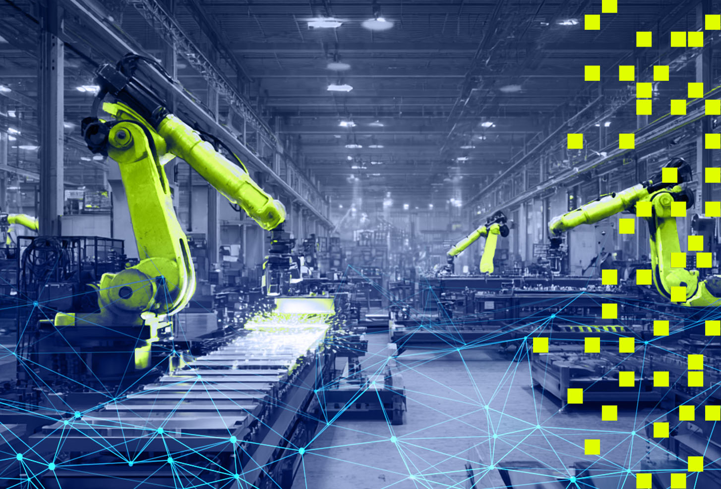 Industrial factory with yellow robotic arms automated on assembly lines and digital network overlay.