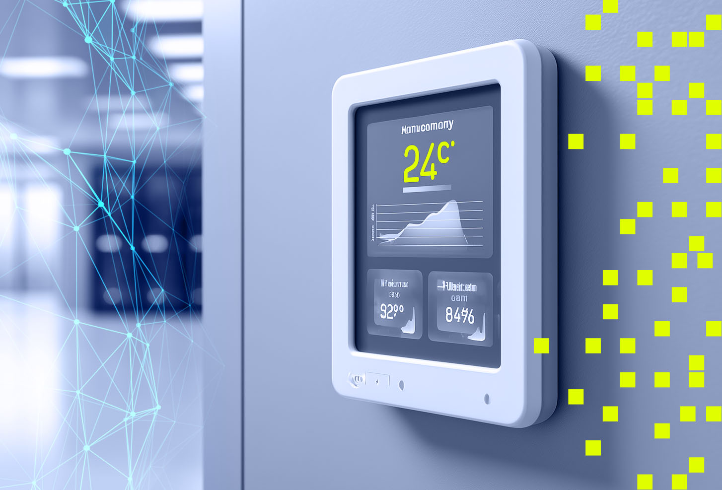 Wall-mounted digital temperature monitor displaying 24°C with graph and data metrics.
