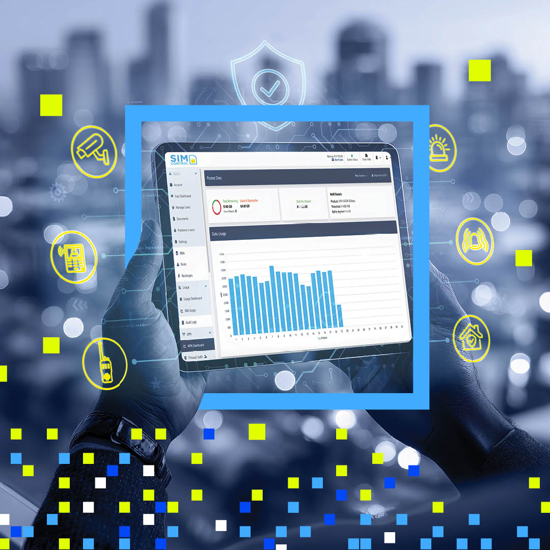 Person holding a tablet showing SIMControl dashboard with data usage graph and security icons.