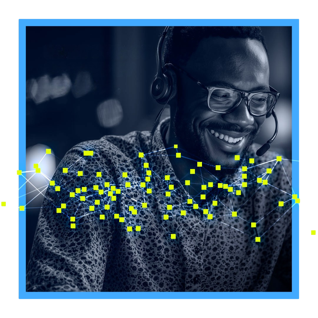 Smiling man wearing a headset and glasses, with digital network connections overlayed across the image.