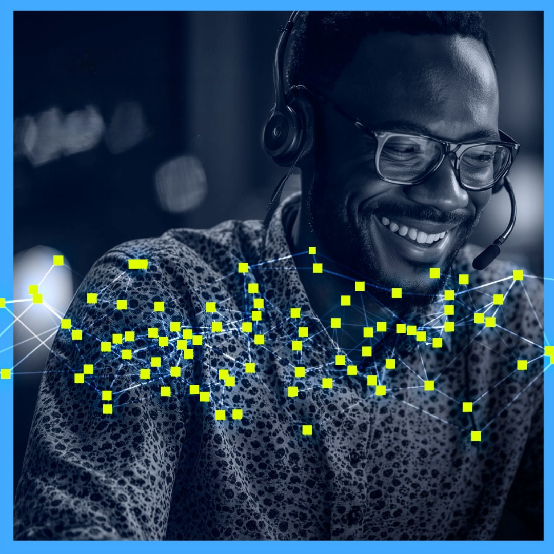 Smiling man wearing a headset and glasses, with digital network connections overlayed across the image.
