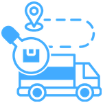 Delivery truck with package and location pin connected by a dotted route for asset tracking.