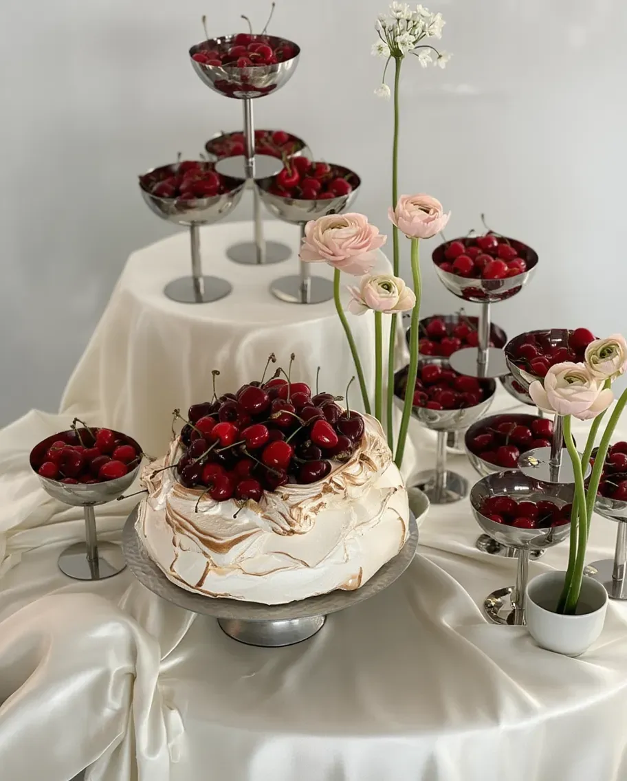 Pavlova Table with cherries and pink flowers