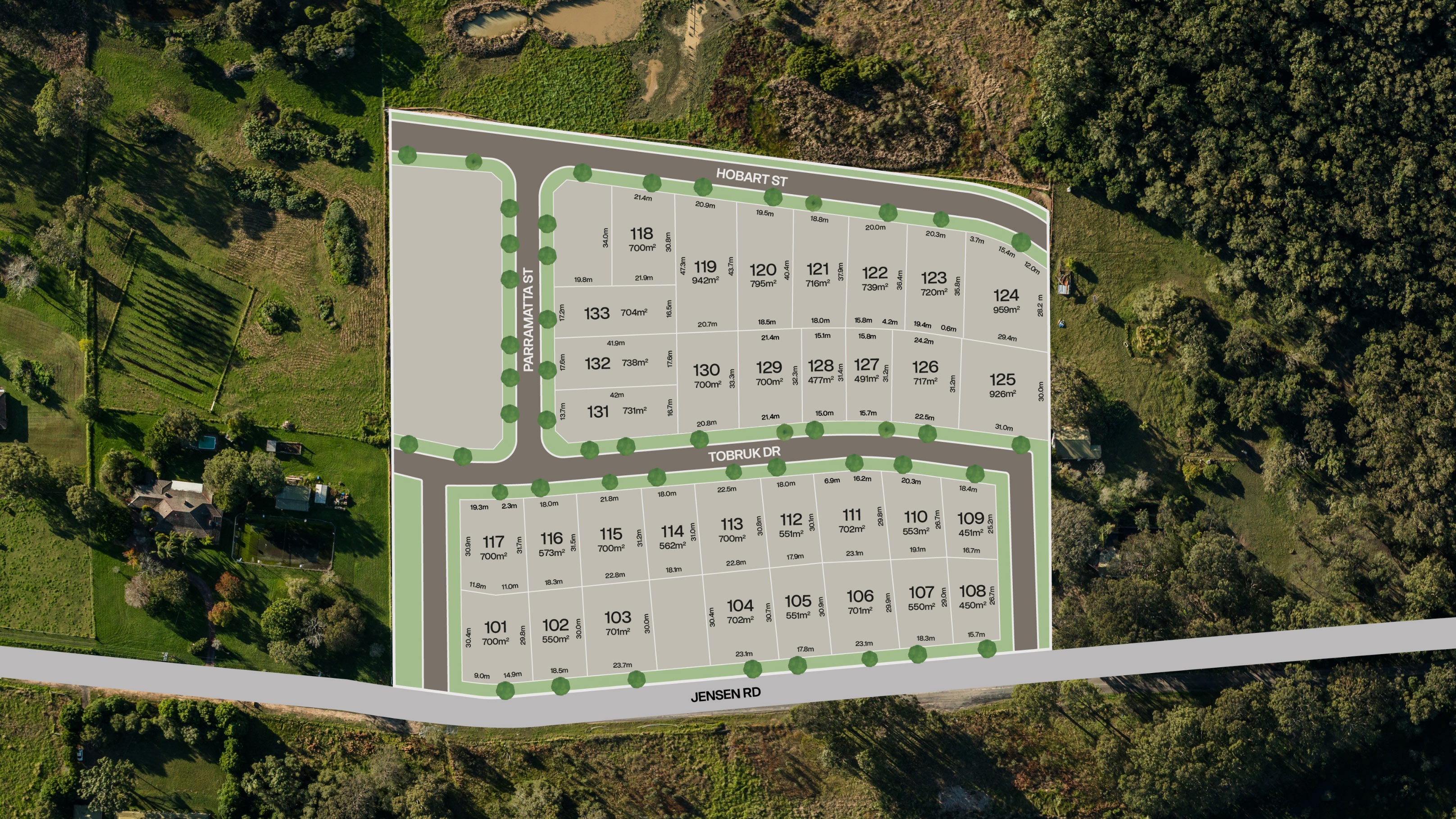 Clearwater masterplan showing lot layout with lot numbers, sizes and street names