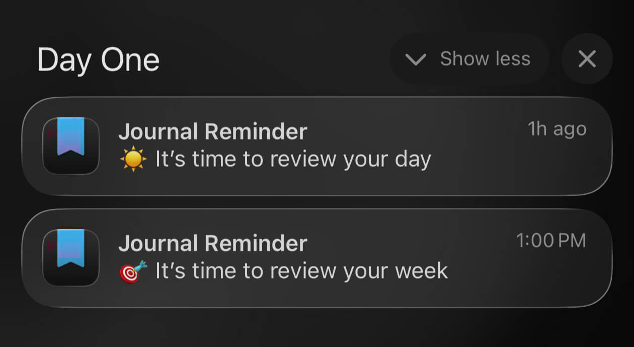 My custom Day One reminders for my daily and weekly reviews.
