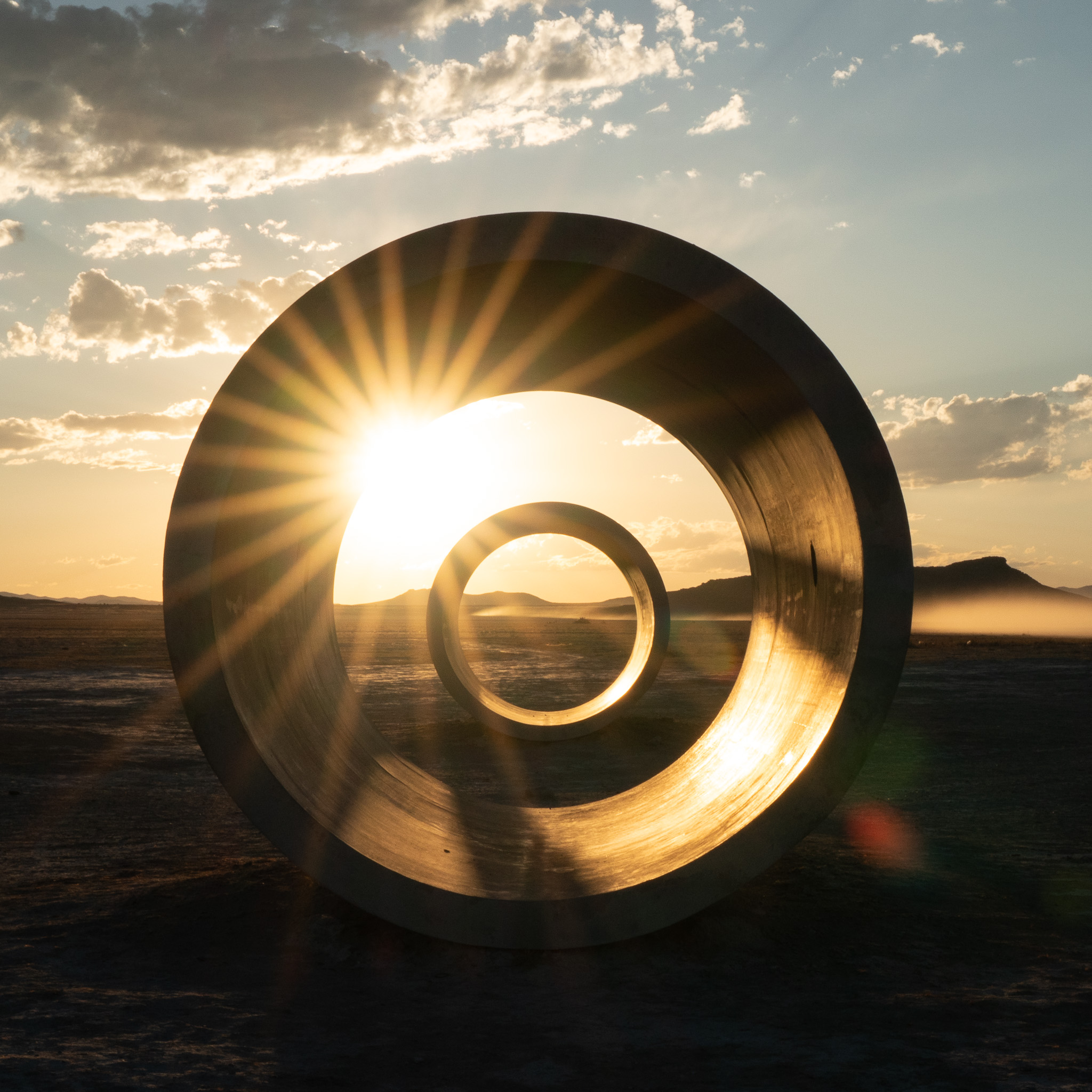 Sun Tunnels (1973–1976) at sunset during the 2026 summer solstice.