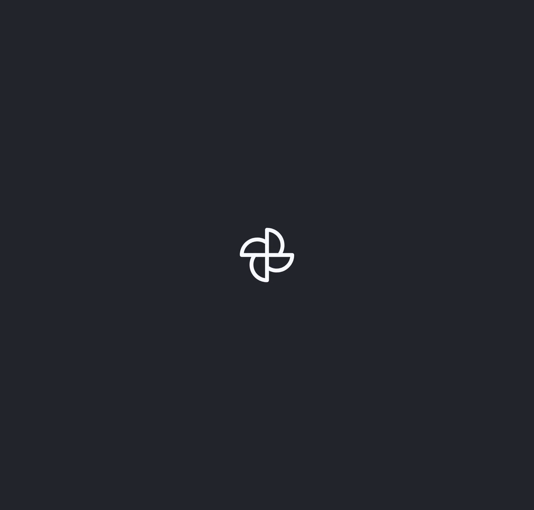 White abstract four-petal flower icon centered on dark gray background.
