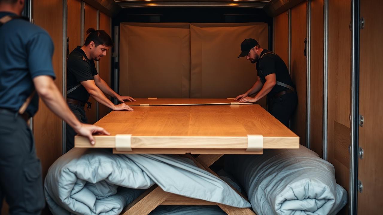 Three movers inside a truck securing a large wooden table with padded blankets below it.