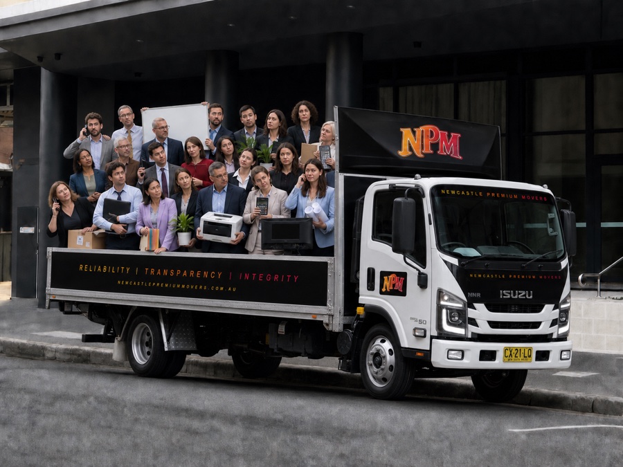 Newcastle Premium Movers Isuzu truck carrying teachers and office equipment during an office relocation in Newcastle.