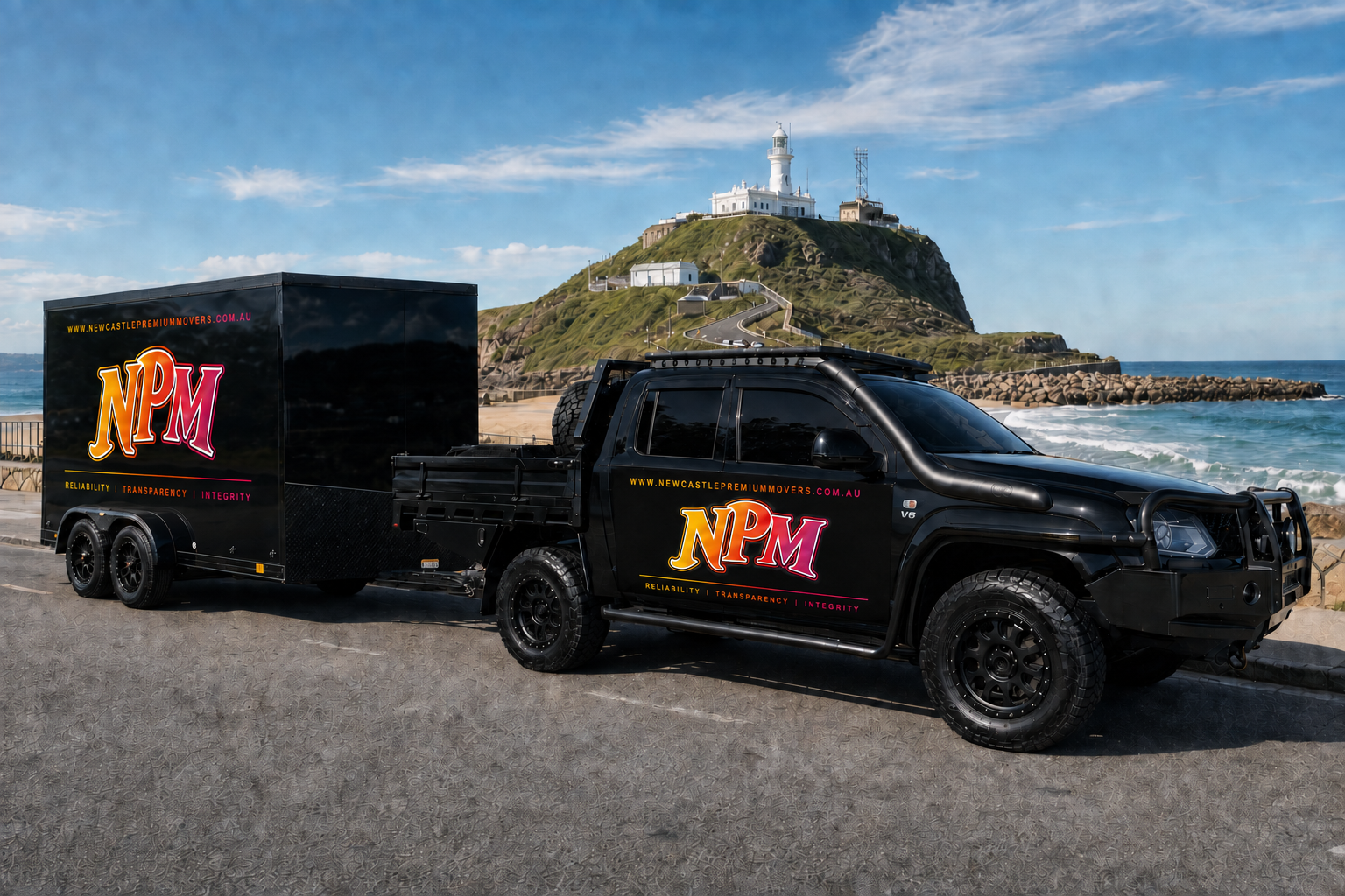 Newcastle Premium Movers Volkswagen Amarok and box trailer at Nobbys Beach, Newcastle.