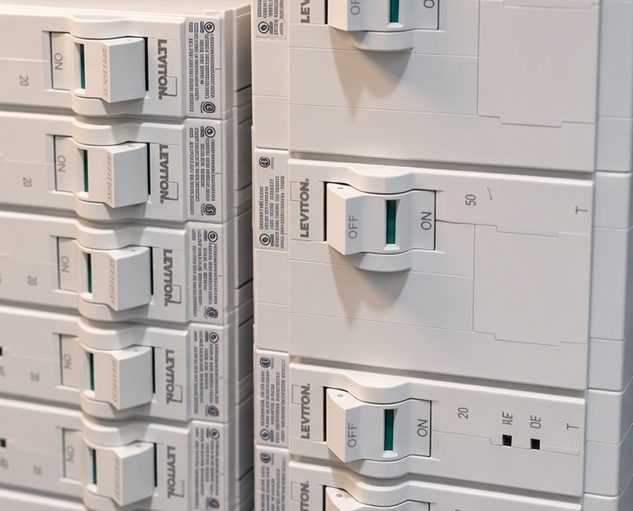 Leviton circuit breakers in a residential panel installed by Atlas Electric
