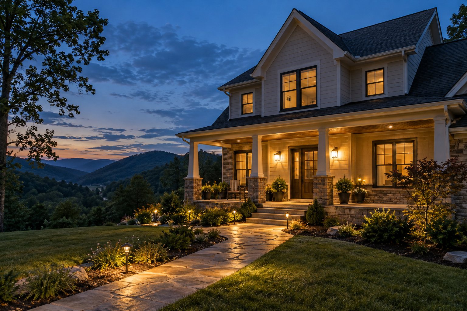 Porch and landscape lighting at dusk on a West Virginia home