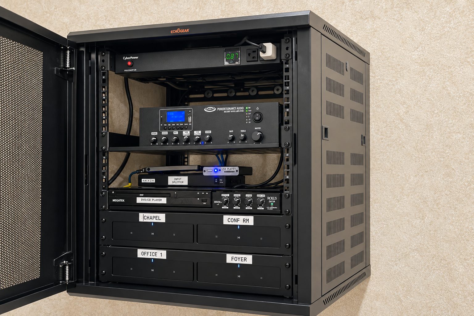 A/V and network rack installed by Atlas Electric