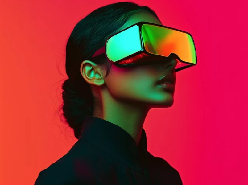 Profile of a woman wearing reflective virtual reality goggles against a vibrant red background.