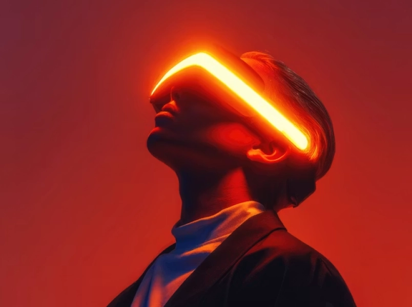Person wearing futuristic glowing orange visor looking upward against a dark red background.
