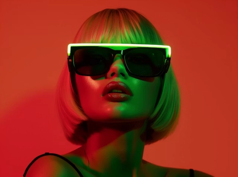 Woman with short blonde bob wearing large neon-framed sunglasses and red lipstick on red background.
