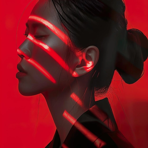 Profile of a woman with eyes closed lit by red stripes against a red background.