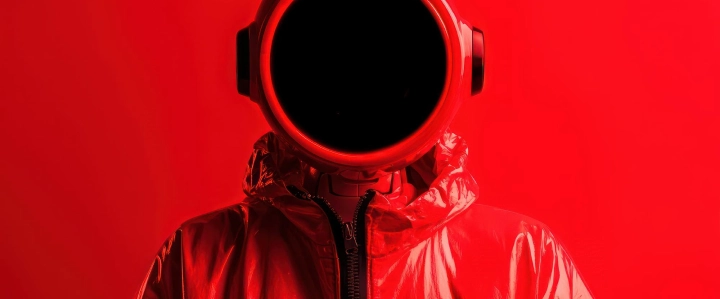 Person wearing red shiny jacket and helmet with black visor against red background.