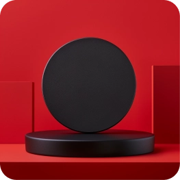 Black round disc standing on a black cylindrical base against a red background.