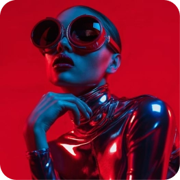 Person in shiny metallic outfit and large round red sunglasses against a red background.