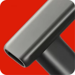 Close-up of a modern metallic design object with tubular shapes on a bright red background.