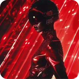 Futuristic figure in sleek black helmet and suit stands against a glowing red background.
