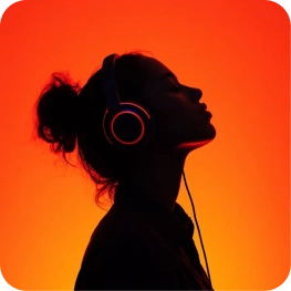 Silhouette of a woman with a bun wearing headphones against an orange-red background.