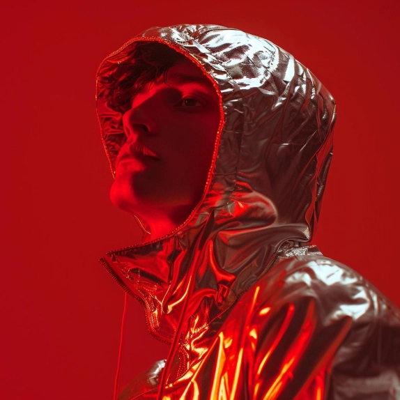 Person wearing a reflective metallic hooded jacket illuminated by red light against a red background.