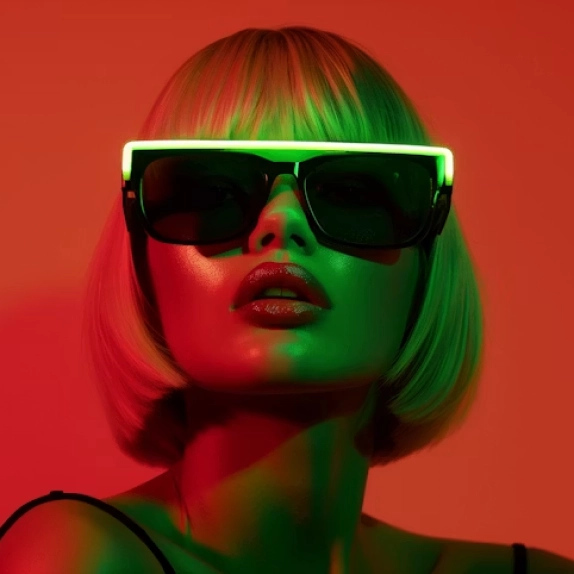Woman with short blonde hair wearing large sunglasses lit with red and green lighting on an orange background.