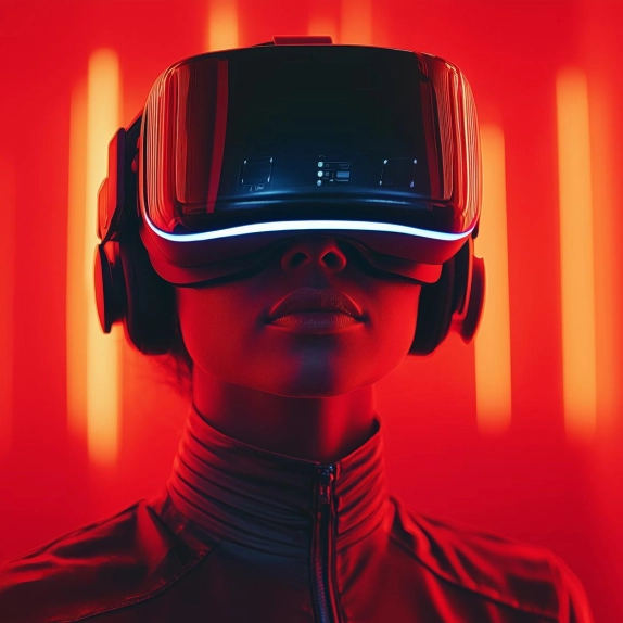 Person wearing a VR headset with glowing white light on a red background with vertical lights.