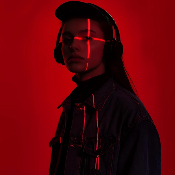 Person wearing headphones and a cap, with red light patterns on their face and a red background.