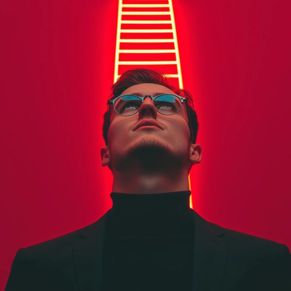 Man wearing glasses and black suit looking upward with a glowing ladder shape behind him on red background.