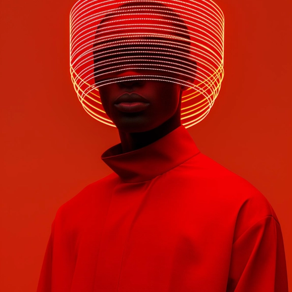 Person in red clothing wears a glowing circular light helmet covering eyes on a red background.