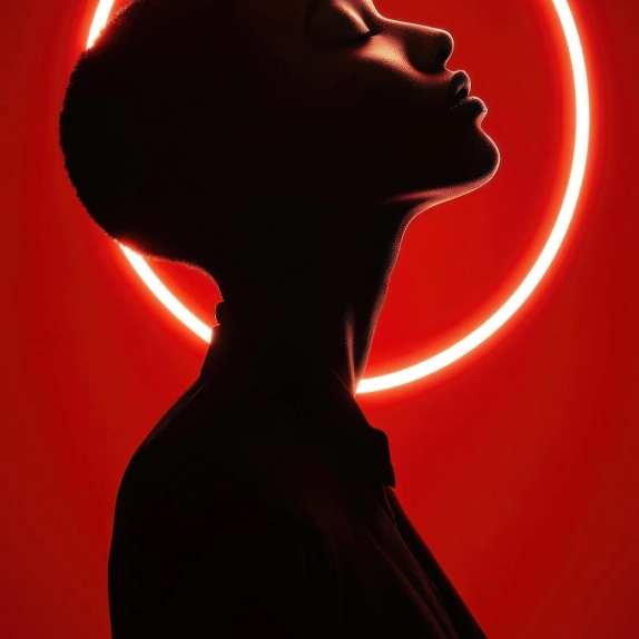 Silhouette of a person with eyes closed in profile against a glowing red halo background.