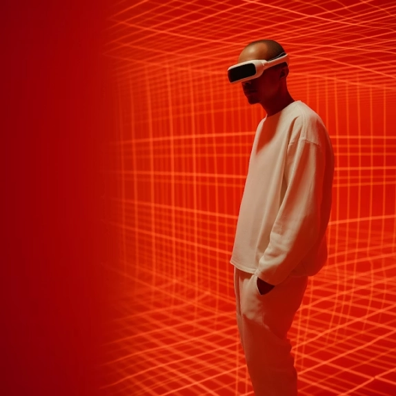 Person wearing white outfit and VR headset stands against a red geometric grid background.