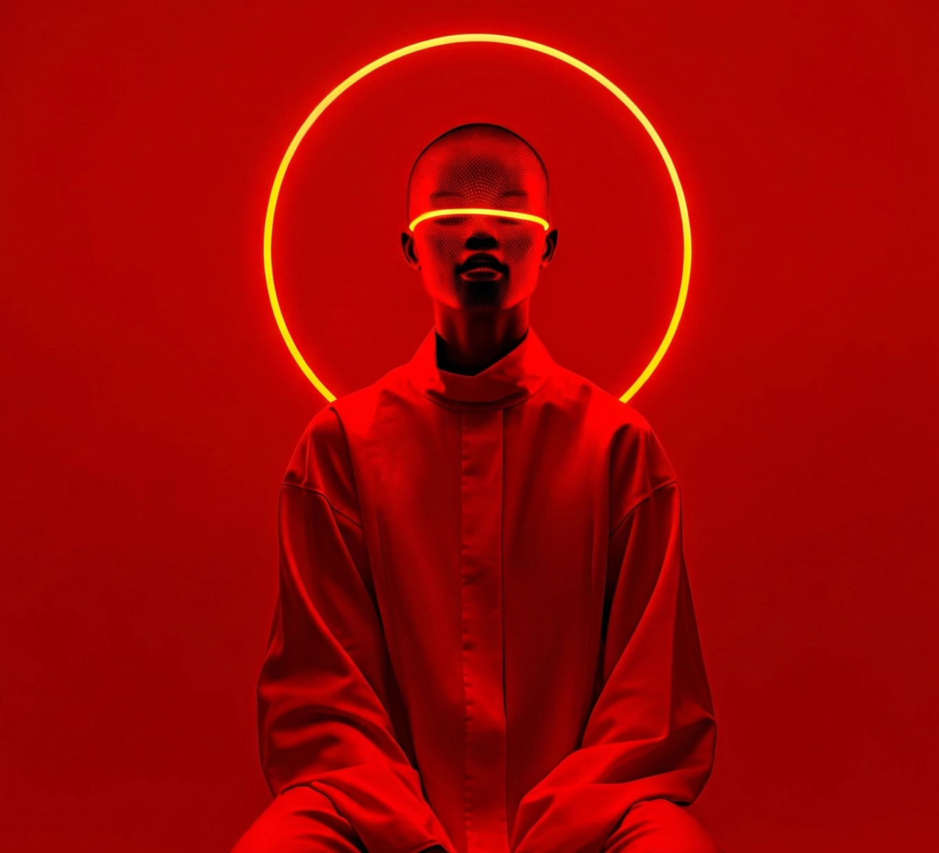 Person in red clothing with neon yellow circle and line lighting around head and eyes on red background.