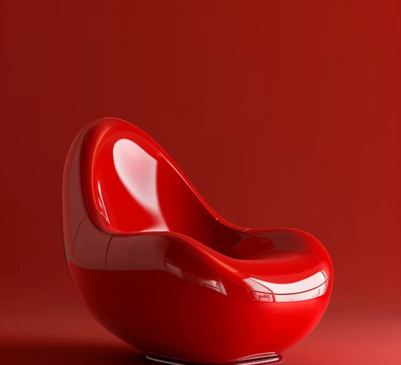 Glossy red modern curved chair on a matching red background.