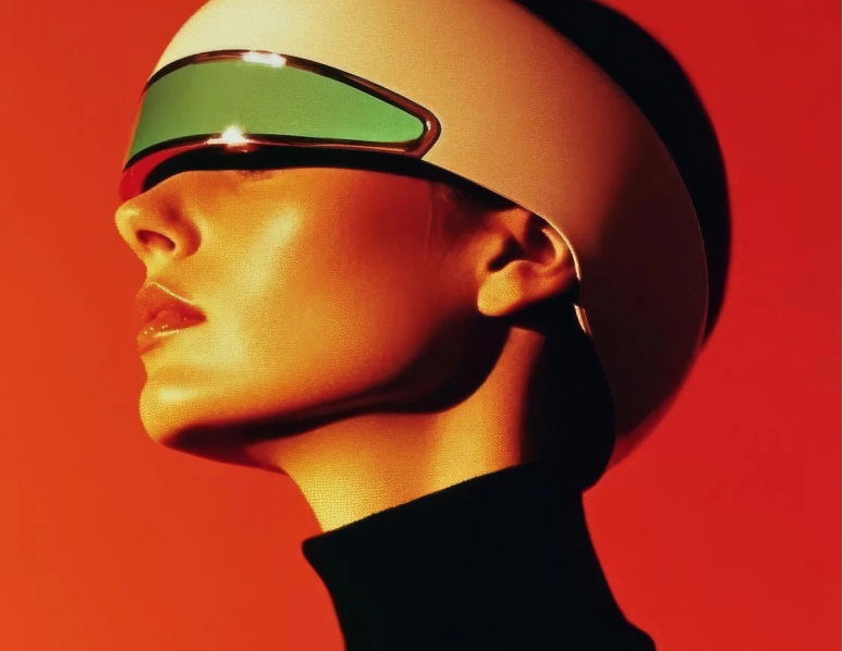 Profile of a woman with a sleek visor covering her eyes, against a bright red background.