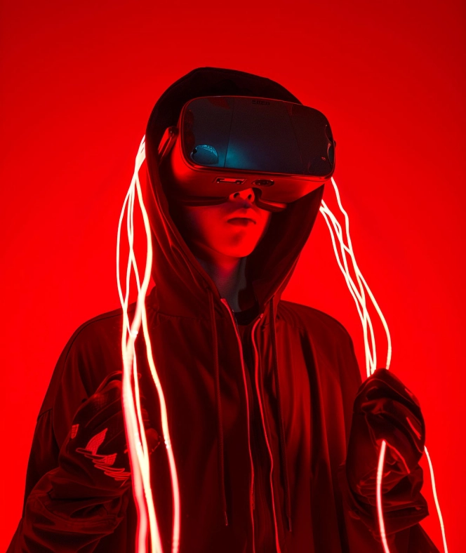 Person in a dark hoodie wearing a VR headset, holding glowing red light strands against a red background.