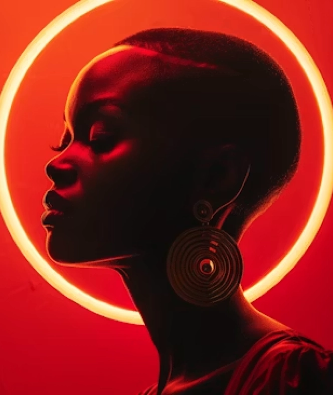 Profile of a person with large circular earrings against a bright red background with a glowing halo ring.