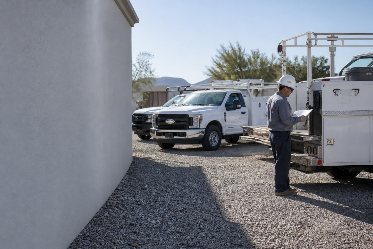 Service trucks in a yard, a person at the tailgate