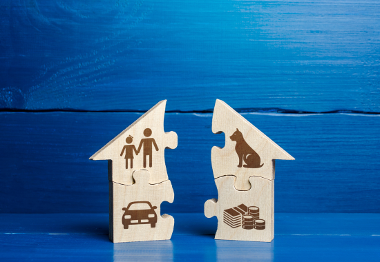 Two wooden house-shaped puzzle pieces on a blue surface with a blue wooden background, each piece split vertically. The left piece shows icons of a man and child holding hands and a car, while the right piece displays icons of a dog and stacks of coins and bills.