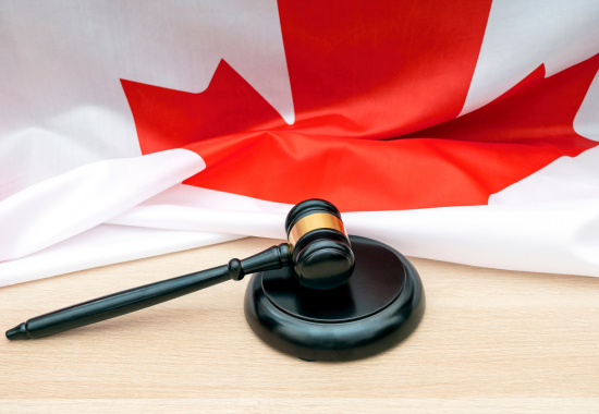 A black judge's gavel resting on a round sound block on a wooden surface, with a partially visible Canadian flag in the background.