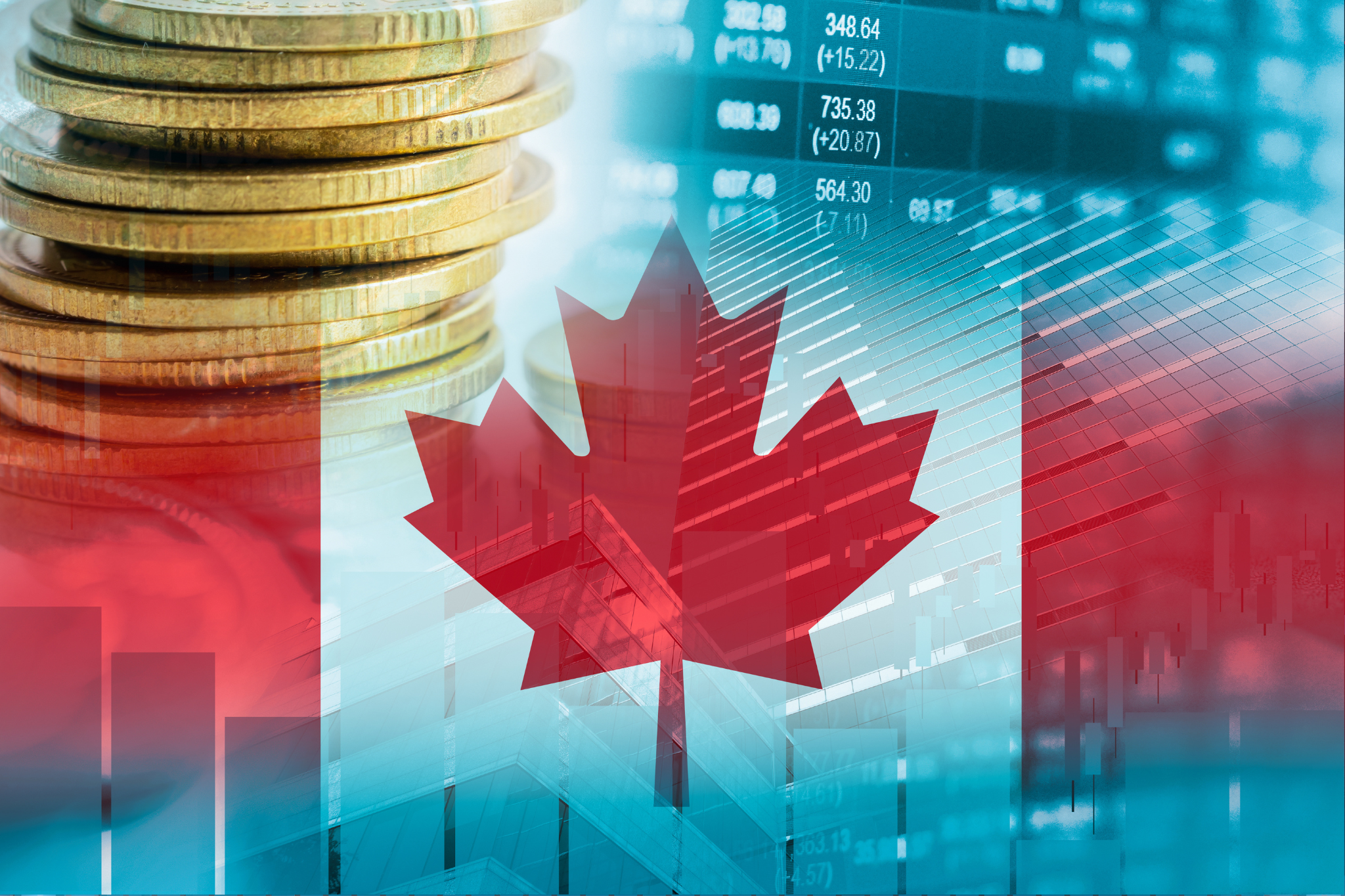 Stack of gold coins and financial graphs overlaid with a transparent image of the Canadian flag featuring a red maple leaf, symbolizing Canada's economy and financial market.
