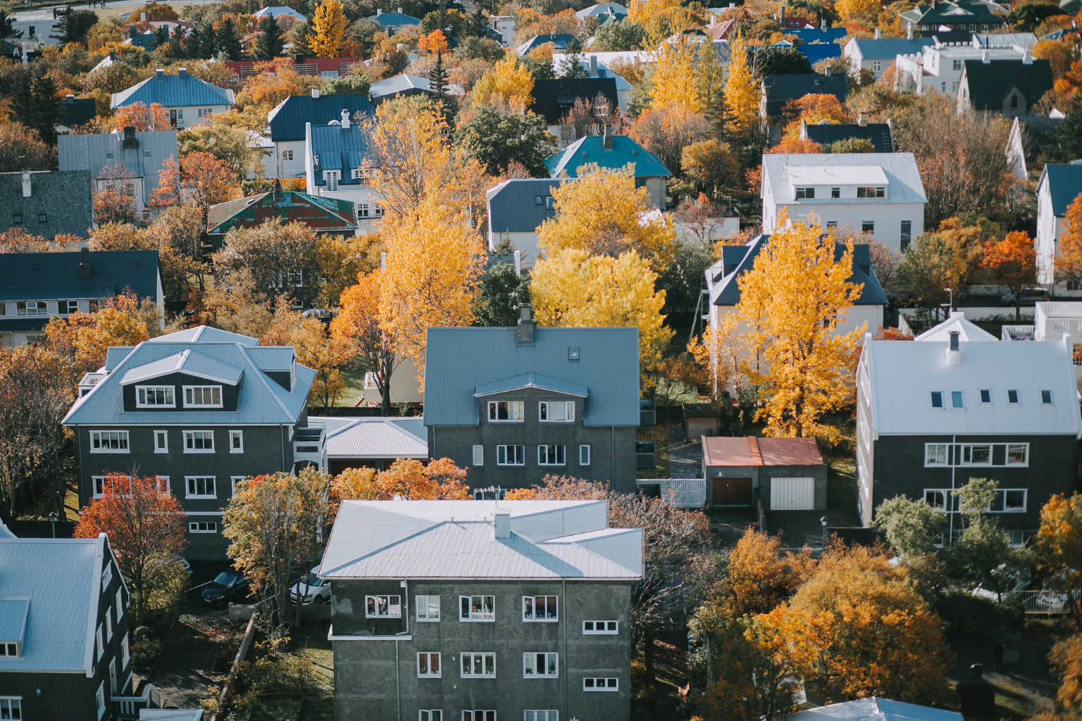 Aerial view of a residential neighborhood with gray houses featuring metal roofs surrounded by trees with autumn foliage in shades of yellow, orange, and red.