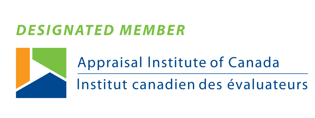 Text 'Designated Member' in green italic above the logo and name of the Appraisal Institute of Canada, with French translation 'Institut canadien des évaluateurs'. The logo features an abstract design with orange, green, and blue shapes.