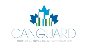 Logo with stylized blue maple leaf above vertical green and blue bars, with text below reading CANGUARD and smaller text Mortgage Investment Corporation.