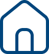 Simple blue outline icon of a house with a rounded doorway and a pitched roof.